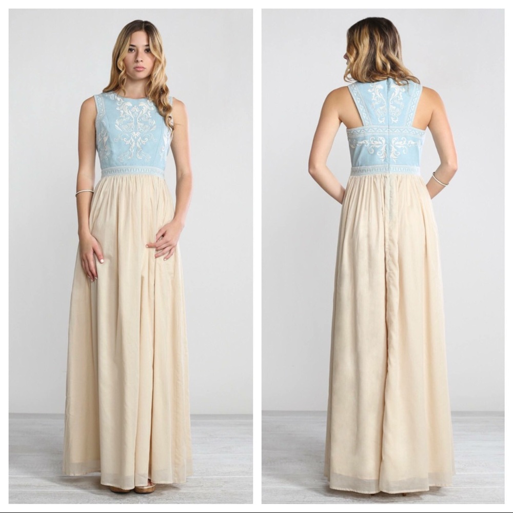 Beautiful long dress with a sky blue top